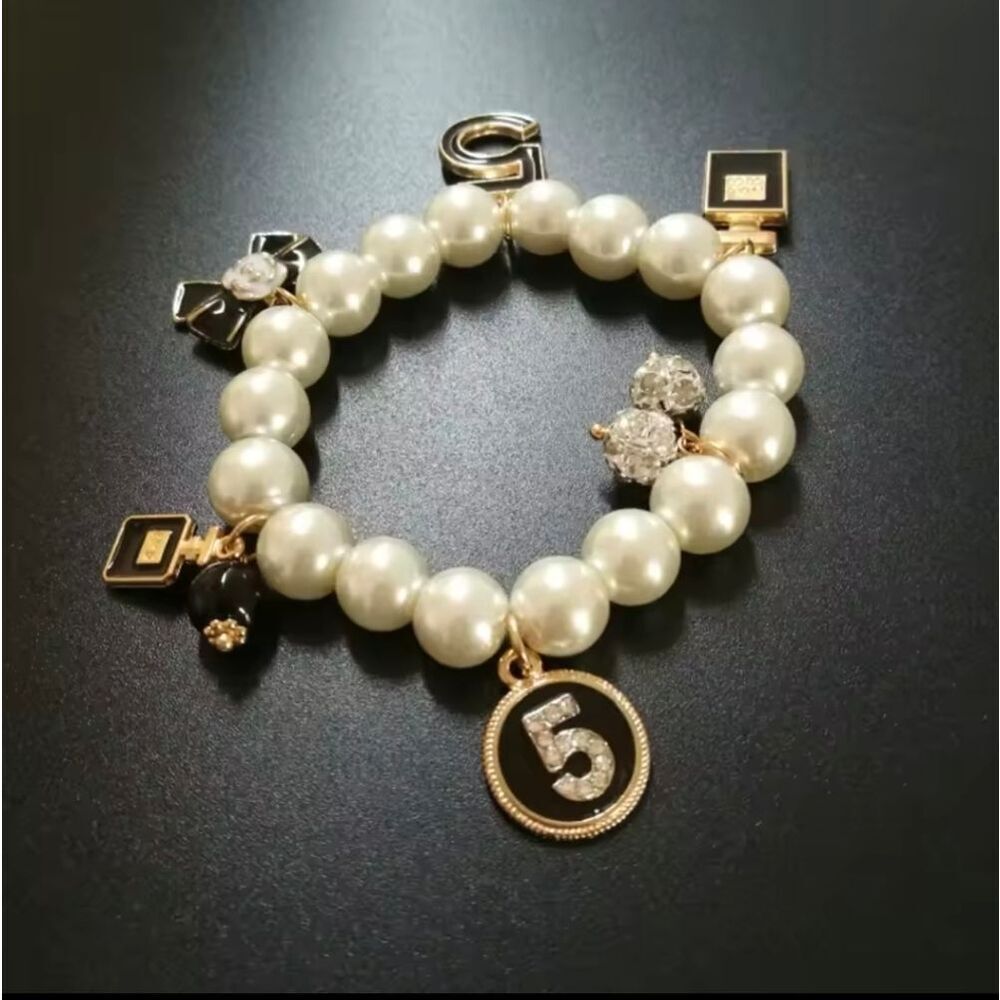 Designer Inspired No. 5 Camellia Flower Perfume Bottle Charm Pearl Bracelet